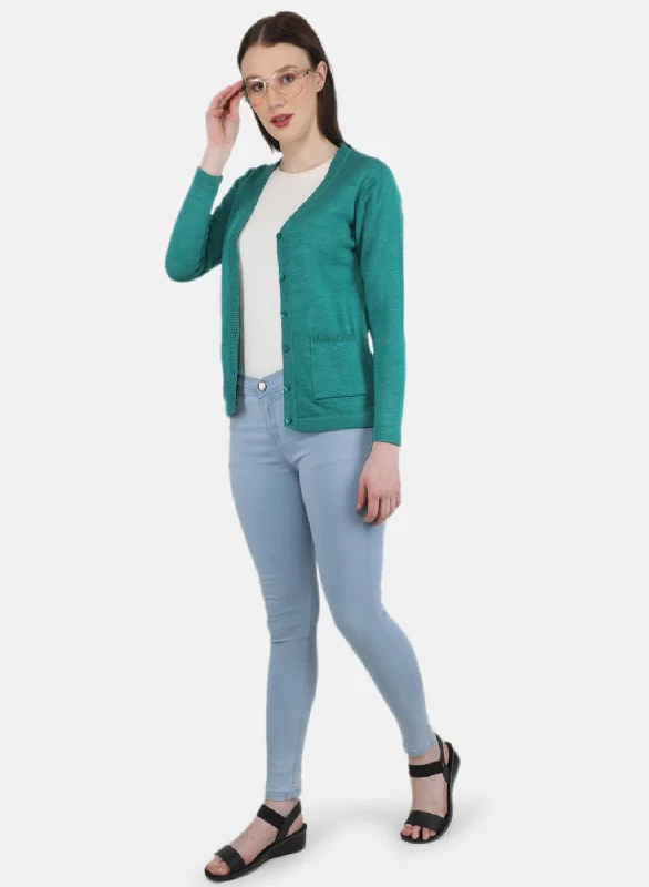 Women Sea Green Solid Cardigan