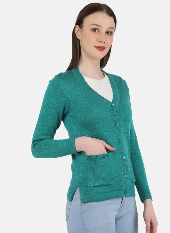 Women Sea Green Solid Cardigan