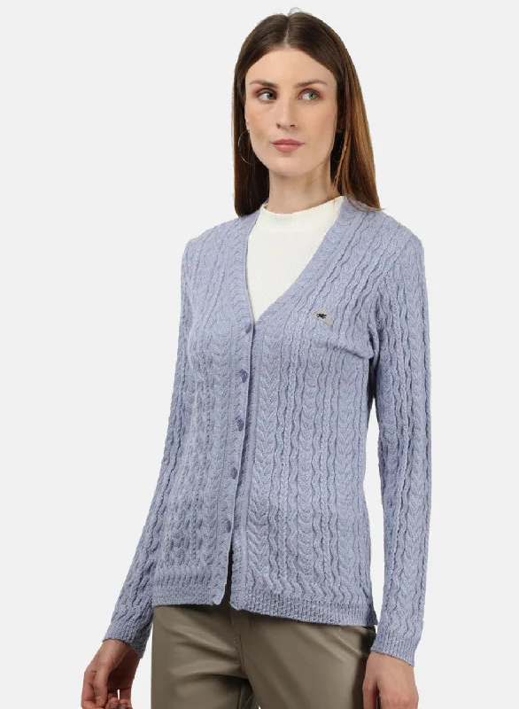 Women Sky Blue Self Cardigan