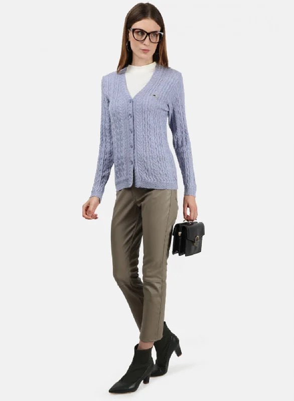 Women Sky Blue Self Cardigan