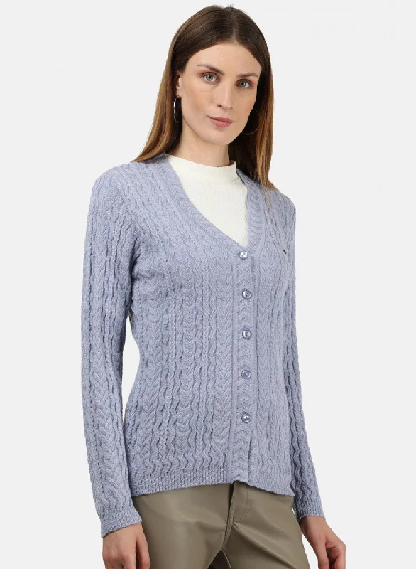 Women Sky Blue Self Cardigan