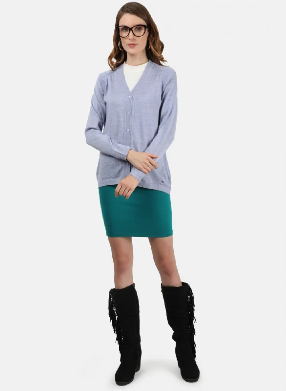 Women Sky Blue Solid Cardigan