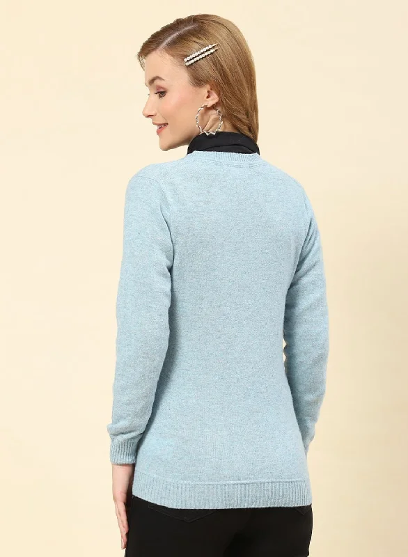 Women Sky Blue Solid Lamb wool Cardigan