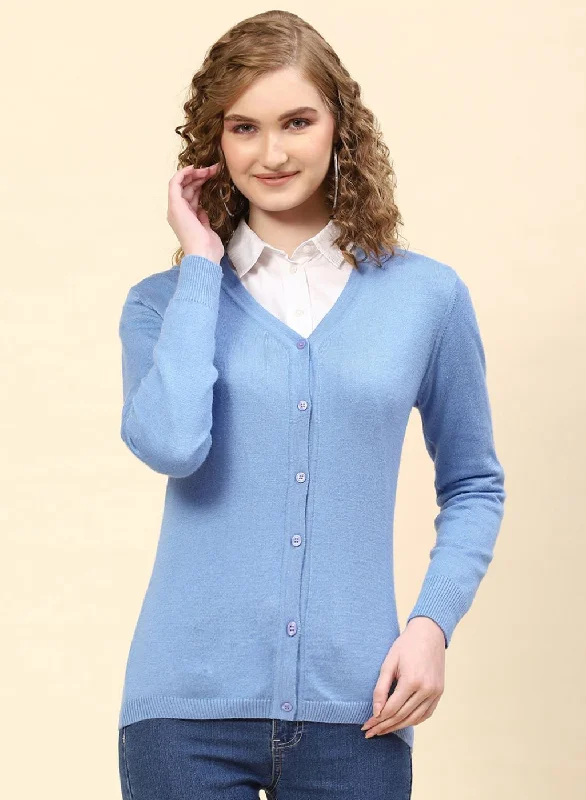 Women Sky Blue Solid Modal Nylone Cardigan