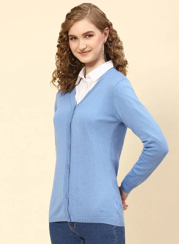 Women Sky Blue Solid Modal Nylone Cardigan