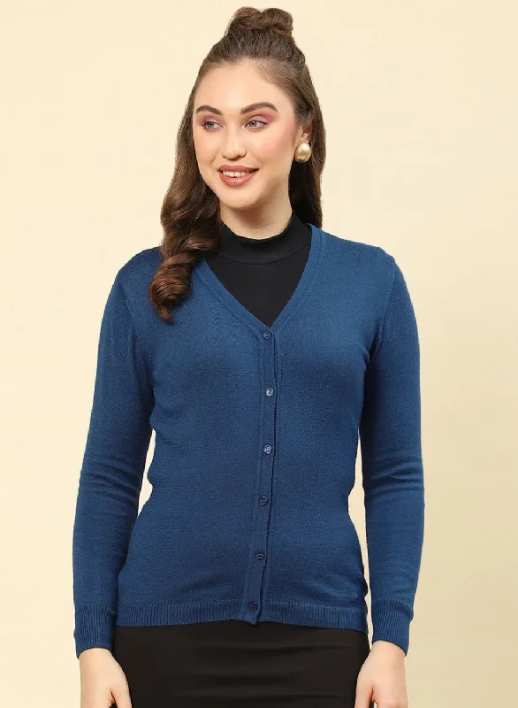 Women Teal Blue Solid Modal Nylone Cardigan