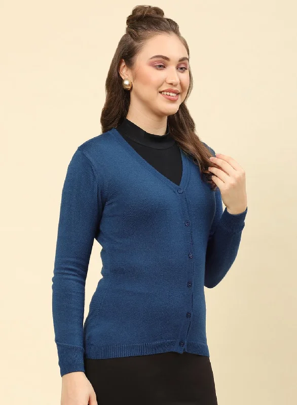 Women Teal Blue Solid Modal Nylone Cardigan