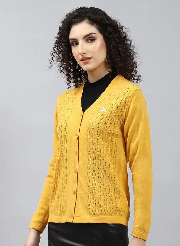 Women Yellow Self Design Wool blend Cardigan