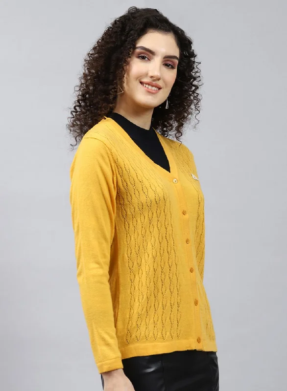 Women Yellow Self Design Wool blend Cardigan