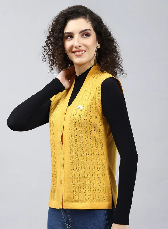 Women Yellow Self Design Wool blend Cardigan