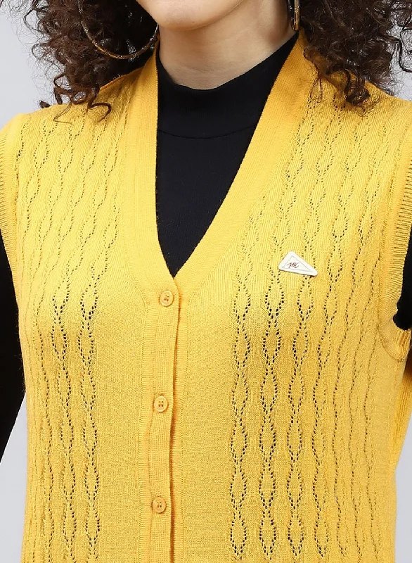 Women Yellow Self Design Wool blend Cardigan