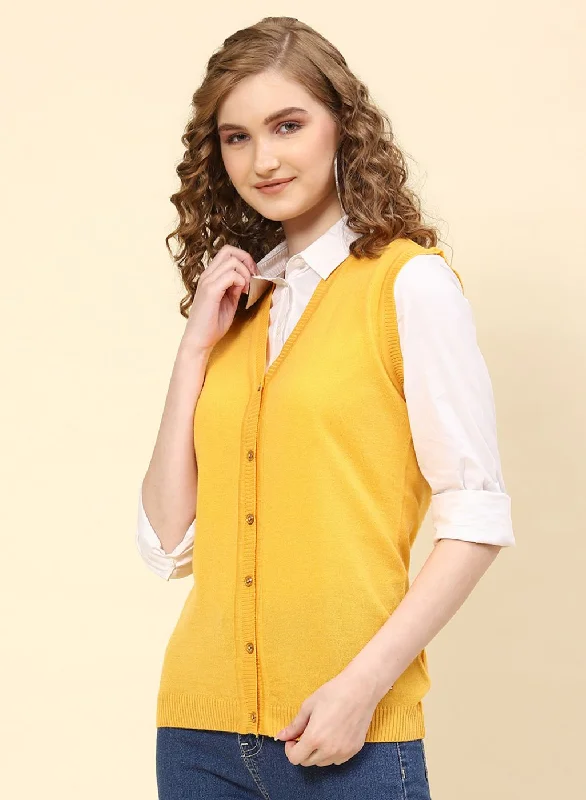 Women Yellow Solid Wool blend Cardigan