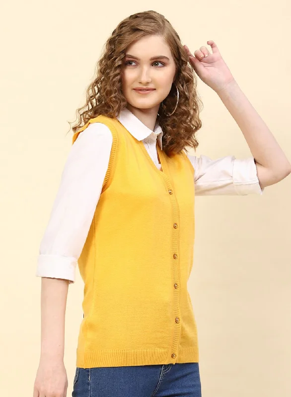 Women Yellow Solid Wool blend Cardigan