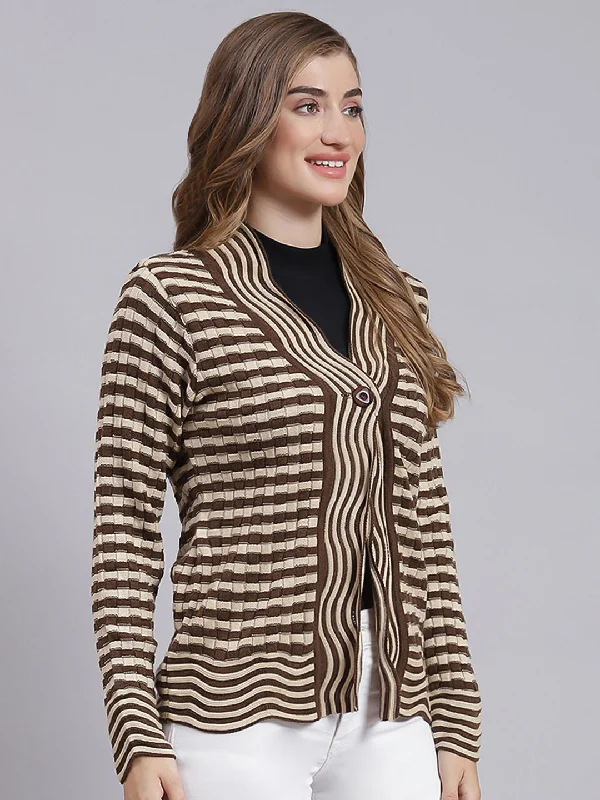 Women Beige & Brown Stripe Wool blend Cardigan