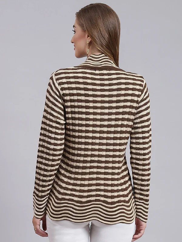 Women Beige & Brown Stripe Wool blend Cardigan