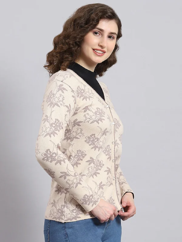 Women Beige Self Design V Neck Full Sleeve Cardigan