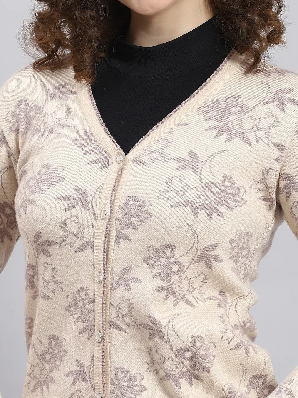 Women Beige Self Design V Neck Full Sleeve Cardigan