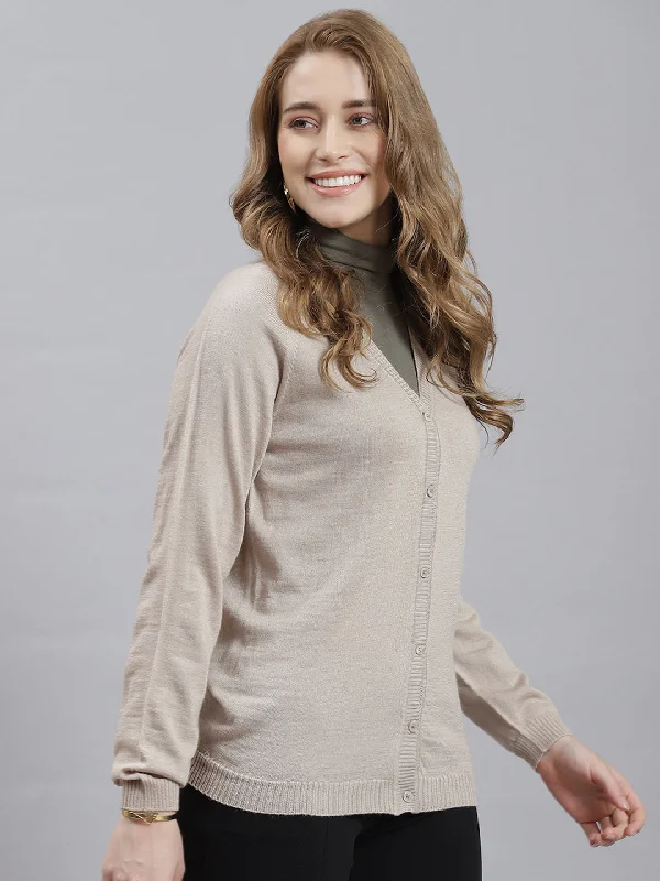 Women Beige Solid Cardigan