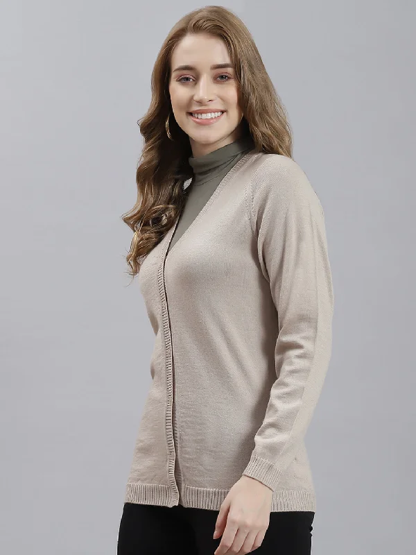 Women Beige Solid Cardigan