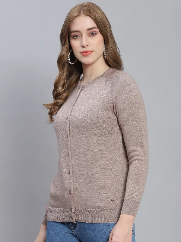 Women Beige Solid Round Neck Full Sleeve Cardigans