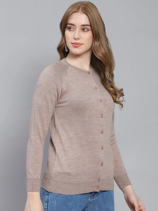 Women Beige Solid Round Neck Full Sleeve Cardigans