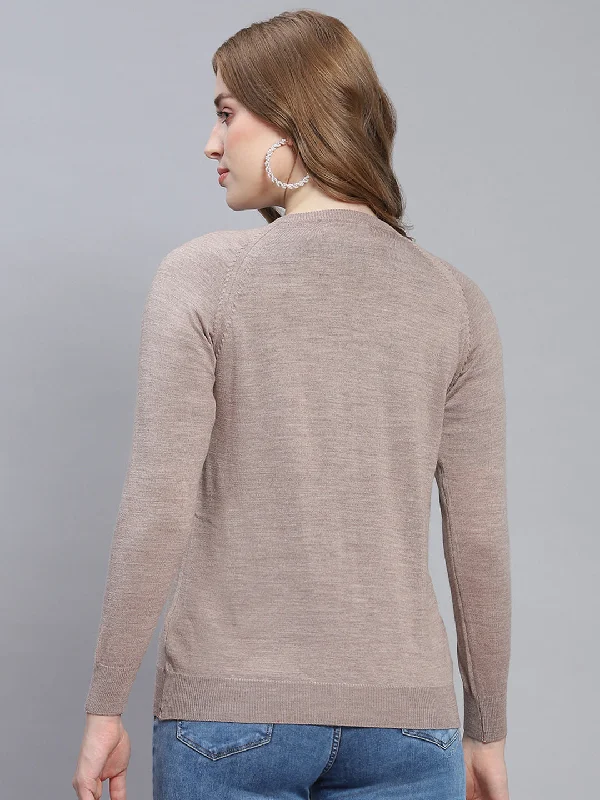 Women Beige Solid Round Neck Full Sleeve Cardigans