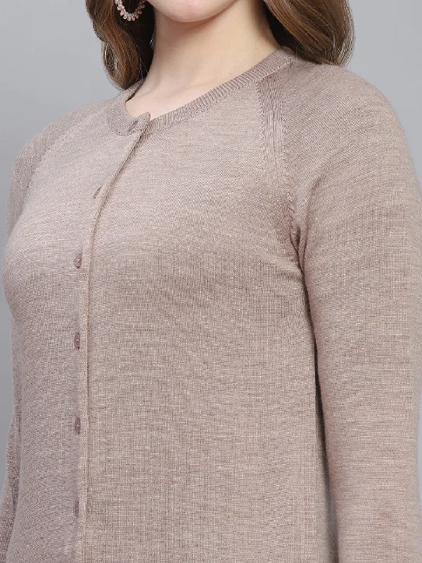 Women Beige Solid Round Neck Full Sleeve Cardigans