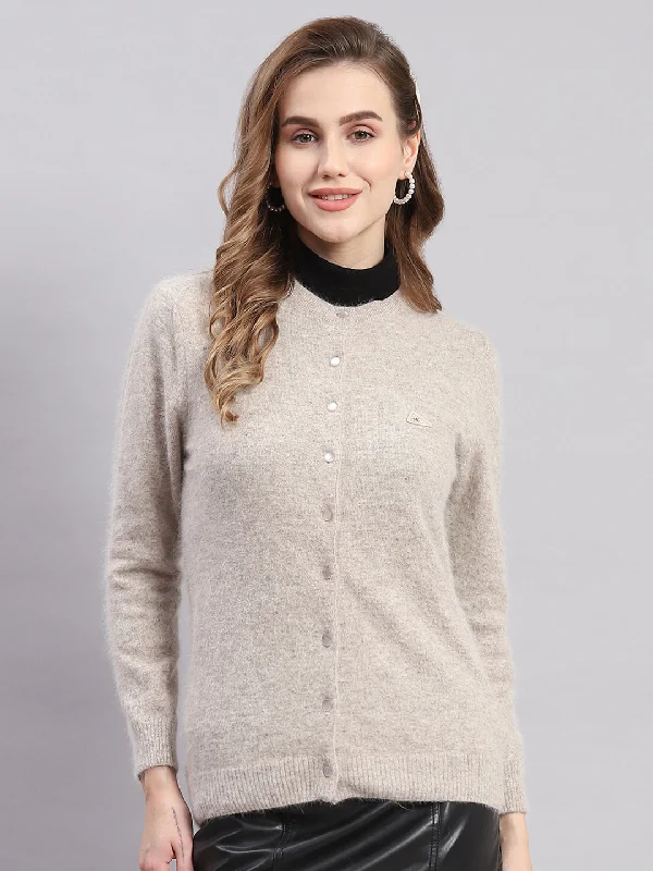 Women Beige Solid Round Neck Full Sleeve Cardigans