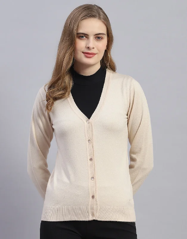 Women Beige Solid V Neck Full Sleeve Cardigan