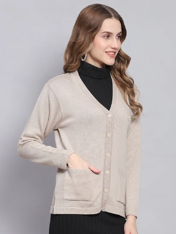 Women Beige Solid V Neck Full Sleeve Cardigans