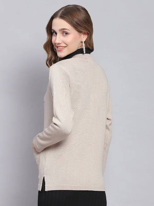 Women Beige Solid V Neck Full Sleeve Cardigans