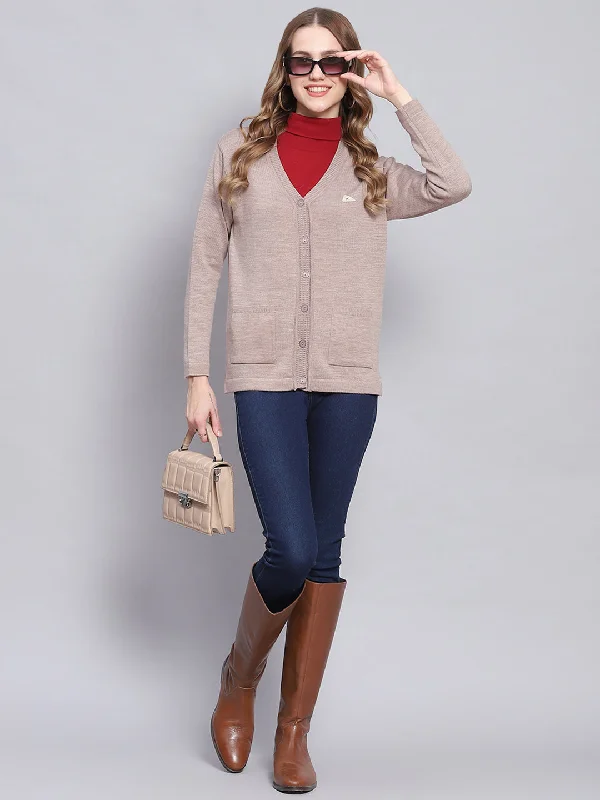 Women Beige Solid V Neck Full Sleeve Cardigans