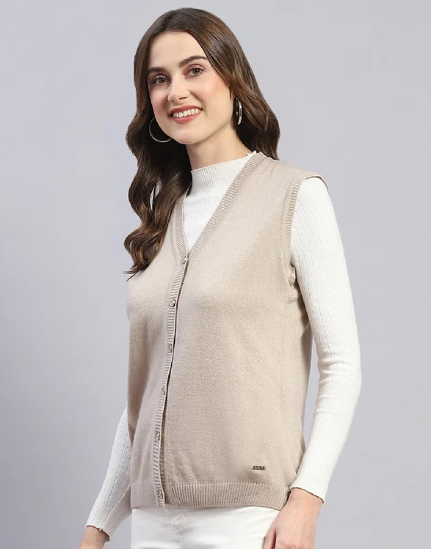 Women Beige Solid V Neck Sleeveless Cardigan