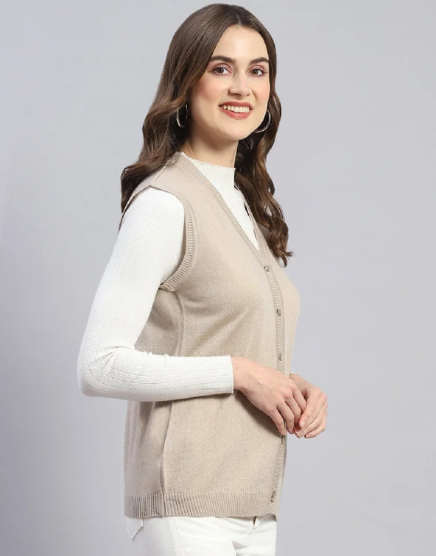 Women Beige Solid V Neck Sleeveless Cardigan