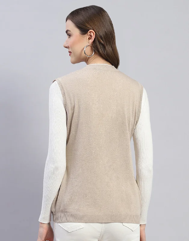 Women Beige Solid V Neck Sleeveless Cardigan