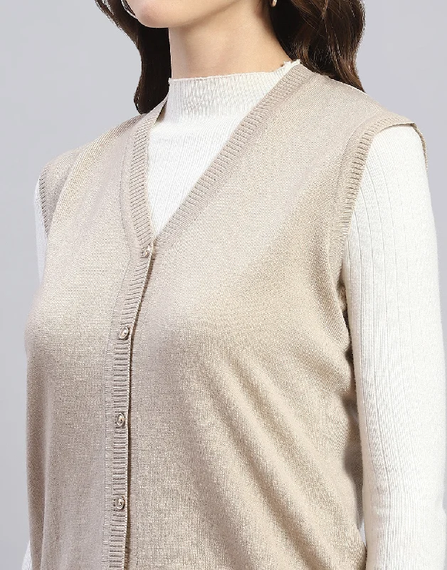 Women Beige Solid V Neck Sleeveless Cardigan