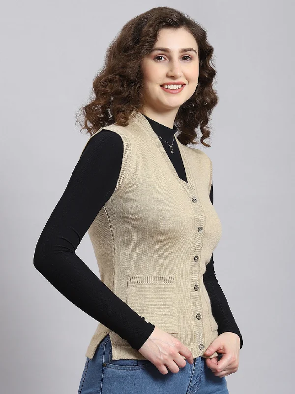 Women Beige Solid V Neck Sleeveless Cardigan