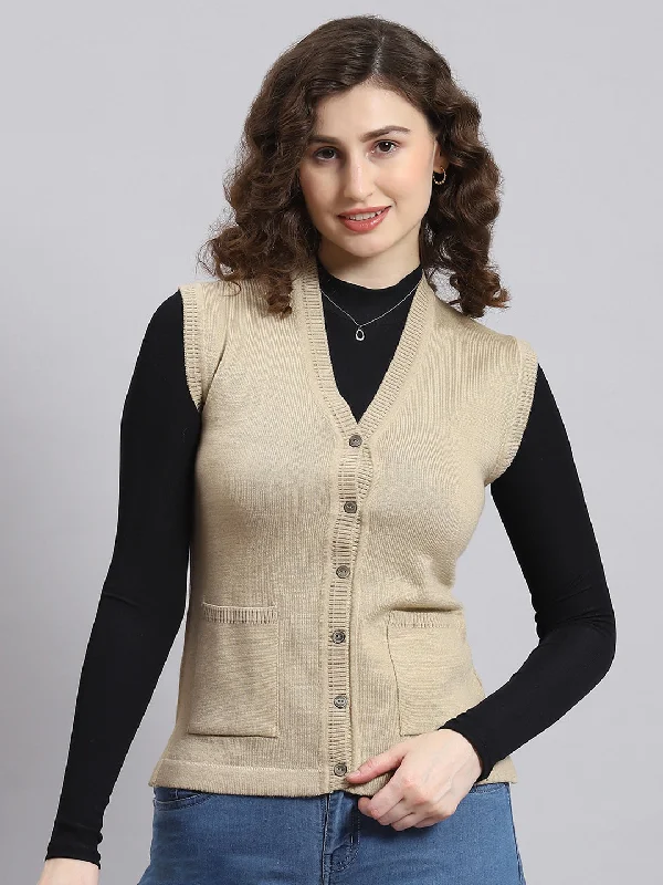 Women Beige Solid V Neck Sleeveless Cardigan