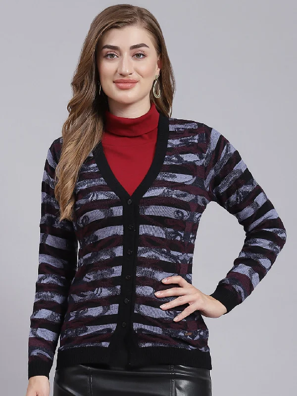 Women Black Jaquard Wool blend Cardigan