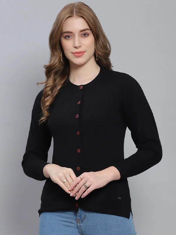 Women Black Solid Round Neck Full Sleeve Cardigans