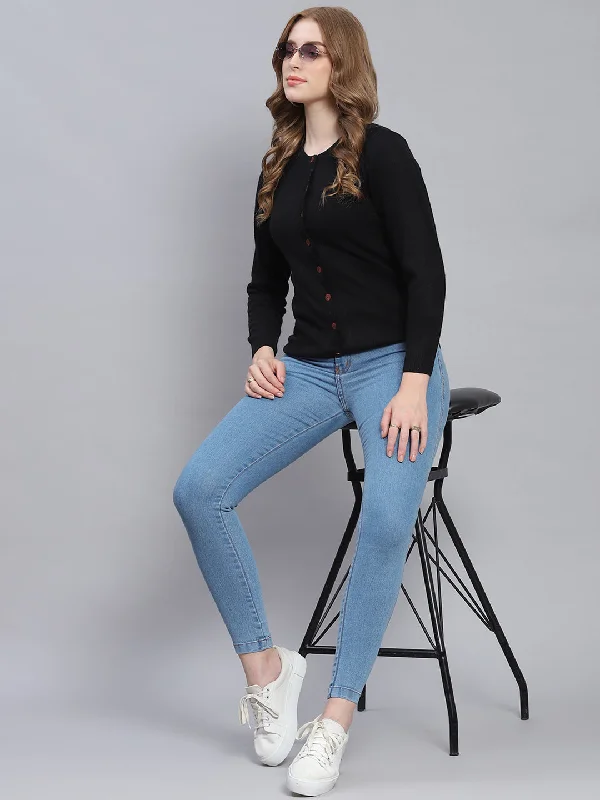 Women Black Solid Round Neck Full Sleeve Cardigans