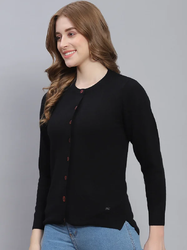 Women Black Solid Round Neck Full Sleeve Cardigans