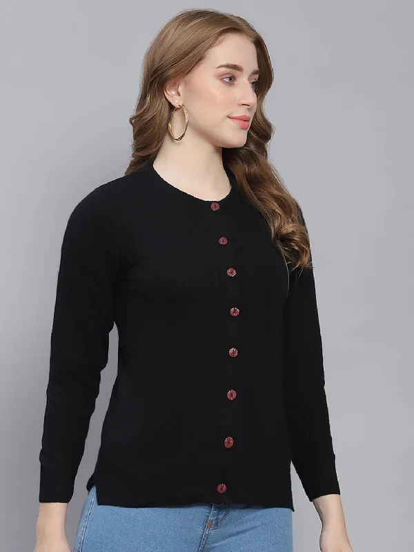 Women Black Solid Round Neck Full Sleeve Cardigans