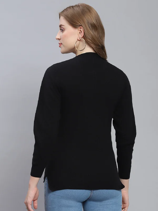 Women Black Solid Round Neck Full Sleeve Cardigans