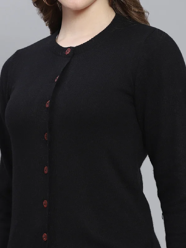 Women Black Solid Round Neck Full Sleeve Cardigans