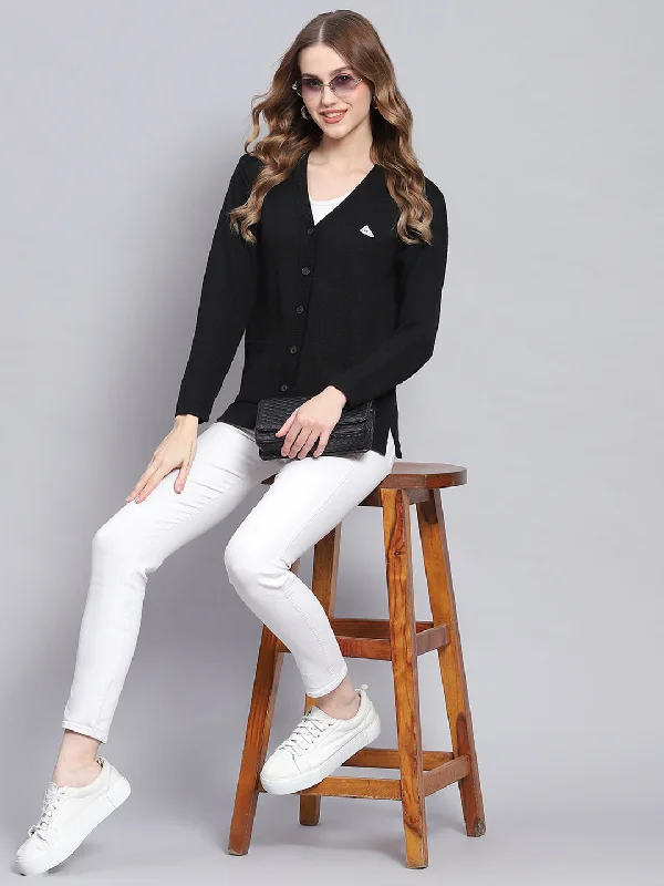 Women Black Solid V Neck Full Sleeve Cardigans