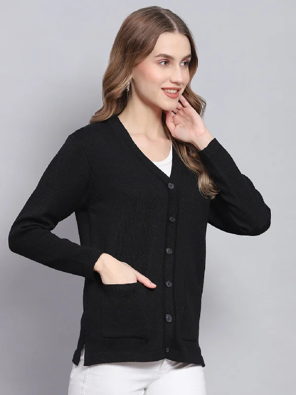 Women Black Solid V Neck Full Sleeve Cardigans