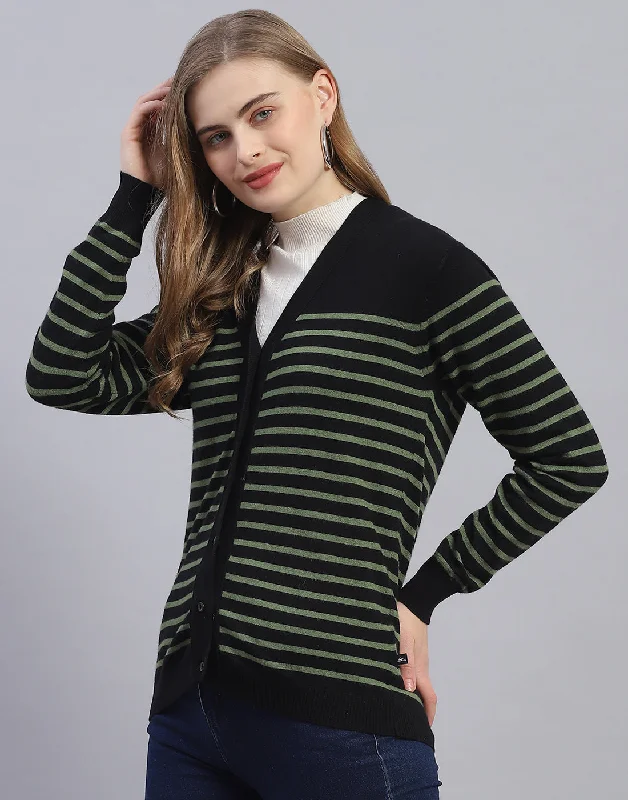 Women Black Stripe V Neck Full Sleeve Cardigan