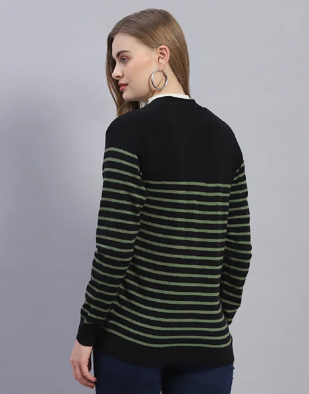 Women Black Stripe V Neck Full Sleeve Cardigan