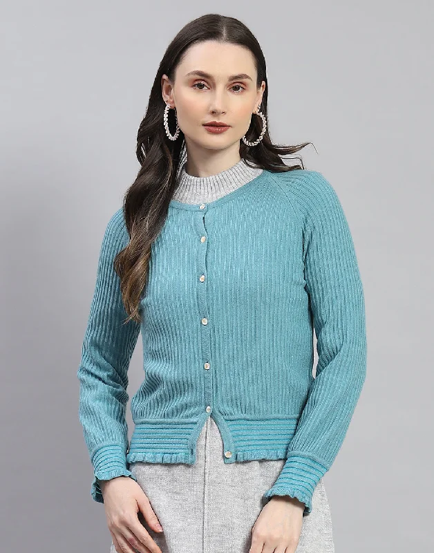 Women Blue Self Design Round Neck Full Sleeve Cardigan